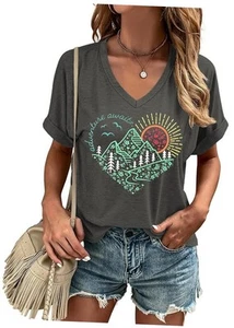 Graphic V Neck Shirt for Women Boho Floral Wildflowers Tee Medium Dark Grey-b - Picture 1 of 3