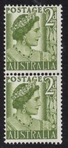 AUSTRALIA 1951 2d YELLOW - GREEN QUEEN ELIZABETH (COIL PAIR) MNH NO WMK. - Picture 1 of 2