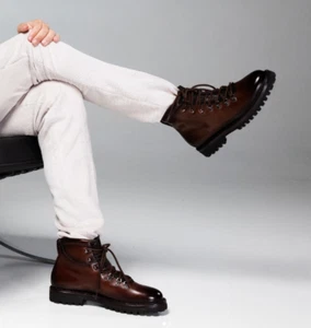 Bota de vestir hecha a mano para hombre marrón oscuro elegante de cuero con cordones al tobillo, botas de motociclista - Imagen 1 de 3