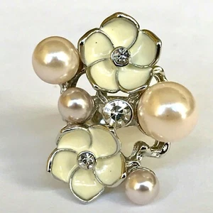 Art Deco Pearl Flower Statement Cocktail Ring Size 7 8 Silver Plated Simulated - Picture 1 of 10