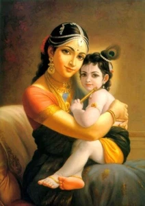 Maa Yashoda mit Krishna Raja Ravi Verma klassisches indisches Papierposter 12 x 17 Zoll - Bild 1 von 2
