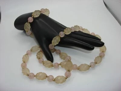¡HERMOSO COLLAR Y PULSERA DE CUENTAS DE VIDRIO ESMERILADO Y CUARZO ROSA ORO MACIZO DE 14K! Foto 1 de 4