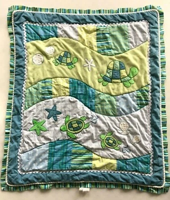 Cocalo Baby Crib Quilt Turtles Blue Green Colorful Reversible Textured Applique - Image 1 of 4