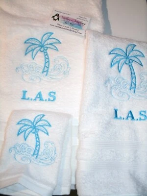 Palm Tree Sketch Nautical Personalized 3 Piece Bath Towel Set Color Choice  - Image 1 of 3