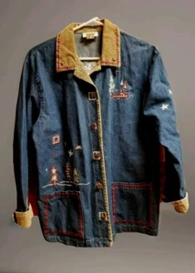 Teddi Women's M Denim Jacket barn coat Corduroy Collar Embellished Embroidered - Picture 1 of 9