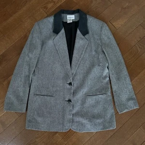 VTG London Fog Wool Blend Black/White Houndstooth Suede Collar Pockets Blazer - Picture 1 of 9