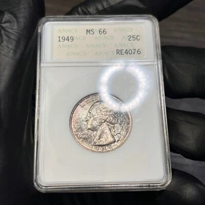 MS66 1949 25C Washington Silver Quarter, ANACS Soapbox- Pretty Rainbow Toned - Picture 1 of 6