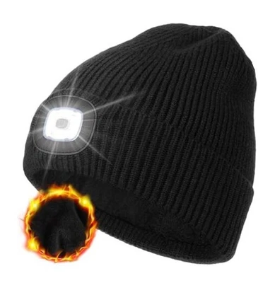  Winter Fleece Lined LED Beanie, USB Rechargeable Hand Free Warm One Size Black - Image 1 of 4