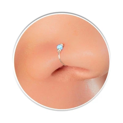 Серебряный нос кольцо обруч - синий опал тонкий крошечный 24 калибра 7 мм пирсинг носа - 925 Ste - Изображение 1 из 4