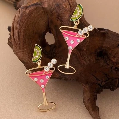 Novelty Martini Glass Earrings Dangle Drop Pink Cocktail Rhinestone Women - Image 1 of 2
