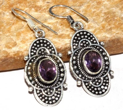 Pendientes de amatista chapados en plata 925 hechos a mano joyas de piedras preciosas tamaño 1,6" MJ Foto 1 de 3