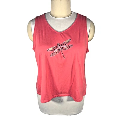 Coral Bay Tank Top Women's 2XL Pink with Silver Beaded Yellow Dragonfly Foto 1 de 4