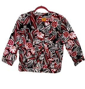 Ruby Rd Beautiful Black Red Floral Pattern Jean Jacket Coat Size 12 - Picture 1 of 10