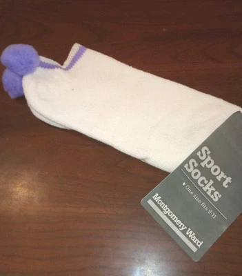 NWT Vintage Montgomery Wards Ankle BOOTIES Pom Pom Socks White & Purple Women's  - Image 1 of 4