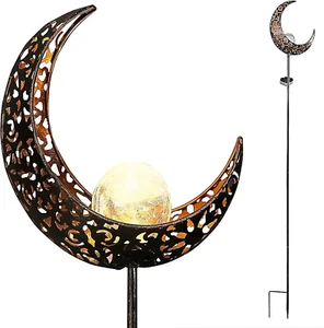 Garden Solar Lights Outdoor Bronze Moon Crackle Glass Globe Stake Metal Lights W - Picture 1 of 12