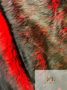 Black Red_ 2 Tone Fake Faux Fur Shaggy Long Pile -64" Wide- Fabric By The Yard - Picture 1 of 11