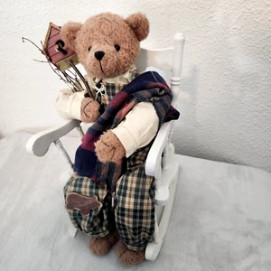 Schaukelstuhl mit Teddybär 15 cm groß Holz weiß Stuhl mit Vogelhaus - Bild 1 von 10