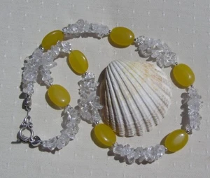SALE - Clear Quartz & Yellow Jade Gemstone Chunky Statement Beaded Necklace - Picture 1 of 7