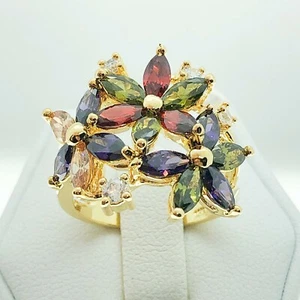 Anillo de cóctel floral de cristal multicolor enchapado en oro para mujer R7037 de moda joyería - Imagen 1 de 8