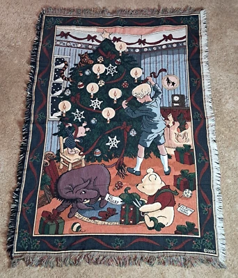 VTG Goodwin Weavers Disney Classic Pooh Christmas Fringed Tapestry Throw Blanket - Image 1 of 4