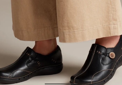 Scarpe Clarks UN LOOP destrutturate in pelle nera comode infermiere assistenza sanitaria 6 UK