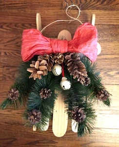 Seasonal Door Decor Wooden Sled 18" x 14" Pinecones, Bells, Artificial Evergreen - Picture 1 of 11