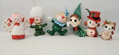 Adornos flocados de fieltro y plástico de colección. Elfo, payaso, muñeco de nieve, ratón. Años 1950-60. x6 Foto 1 de 4