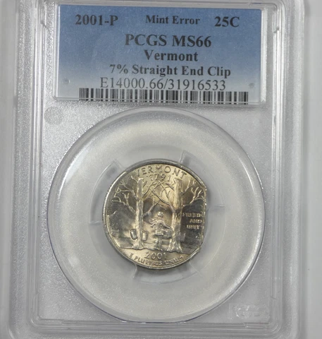 MINT ERROR 2001-P Vermont State Quarter PCGS MS 66 7% Straight End Clip Cover