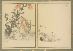 COCK HEN CHICKS JAPANESE WOODBLOCK PRINT BIRD BAIREI C1880s - Picture 1 of 4