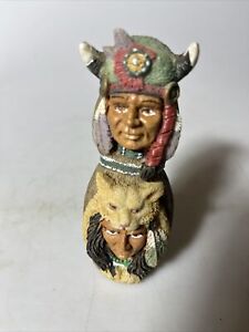 Vintage Old West Vision Double Totem Figurine Buffalo Head Indian Figurine 6"