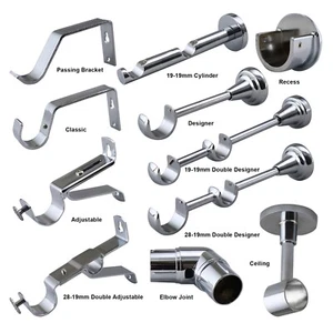 Polished Chrome Curtain Pole Rod Brackets 19mm 28mm 35mm Recess Extend Double - Picture 1 of 23