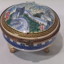 Vintage Chinese Porcelain Jewelry Trinket Ring Box Hinged Top Round Container