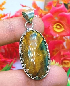 Ethnic Tiger Eye Gemstone 925 Sterling Silver Plated Handmade 1Pcs Pendant Gift - Picture 1 of 3