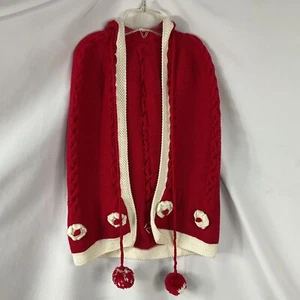 Handmade Poncho Girls 9-10 Hooded Cotton Blend Knit Red White Cape - Picture 1 of 2