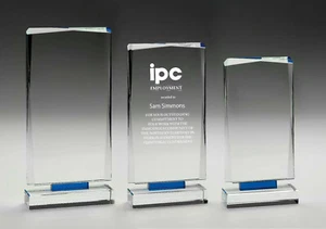 CORPORATE BLUE MIRAGE GLASS AWARD TROPHY PERSONALISED LASER ENGRAVED - Picture 1 of 1