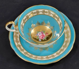 Aynsley Fine Bone China Teetasse & Untertasse Türkis Blumenmuster England - Bild 1 von 9