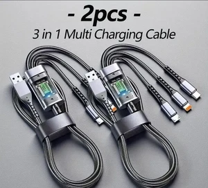 2Pk 4FT 3-in-1 Bold Fast Charging Cable Universal Cell Phone USB Charger Cord - Picture 1 of 9