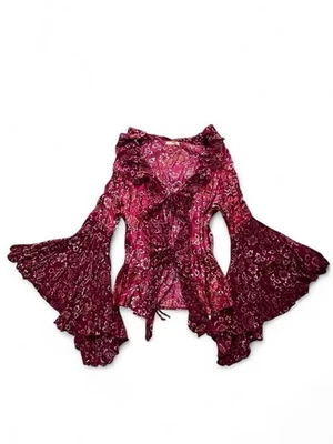 Blusa feminina Y2K vermelha floral assimétrica manga sino tamanho grande caprichosa bruxa - Imagem 1 de 4