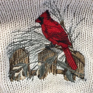 Shenandoah Women's Sweater Medium Embroidered Cardinal Beige Crochet Knit - Picture 1 of 12