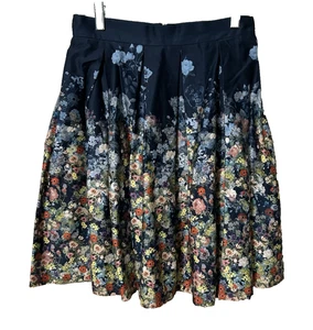 Closet London Navy Floral Knee Skirt Pockets Border Hem Pleated Womens Size 8 - Picture 1 of 6