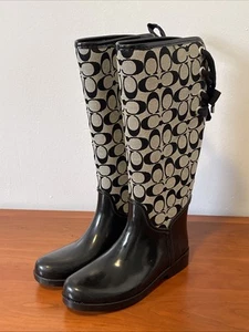 Coach Tristee Lace-Up Corset Black Signature Print Logo Rain Boots Women’s 8B - Picture 1 of 6