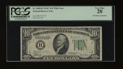 DBR 1934-C $10 FRN New York Fr. 2008-Bw Wide PCGS VF-20 Serial B20915170E - Image 1 of 2