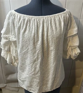 CeCe Flatterärmel Shirt bestickt Ösen weiß Bluse Damen S Baumwolle Oberteil - Bild 1 von 6