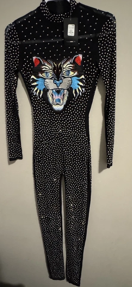 Moda Nova Mono Negro Estrás Tigre Para Mujer Talla S Manga Larga Brillante Foto 1 de 4