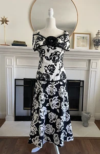 VTG Cattiva Dress 70s Black and White Floral Drop Waist Formal Off Shoulder Sz 6 - Picture 1 of 13