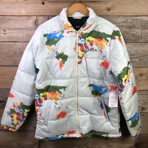 VANS Save Our Planet Earth World Map Blue Puffer Jacket Sz Medium | VN0A49NQZSD - Picture 1 of 6