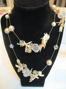 Long Gold Chain Necklace w/ White, Beige & Clear Beads Ribbon & Lace Bows NWOT - Picture 1 of 5