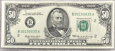 1969 New York $50 Dollar Bill Fr. 2114-B FRN B00150835A 50BL56 LOW SER. NO.!! - Image 1 of 2