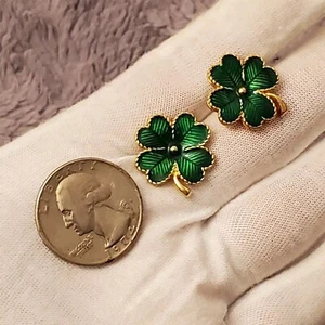 Avon Gold Tone Green Enamel Lucky Four Leaf Clover Earrings - Picture 1 of 6