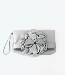 KATE LANDRY GRAY SATIN PLEATED Flower EVENING BAG CLUTCH Wristlet Double Fold - Picture 1 of 12
